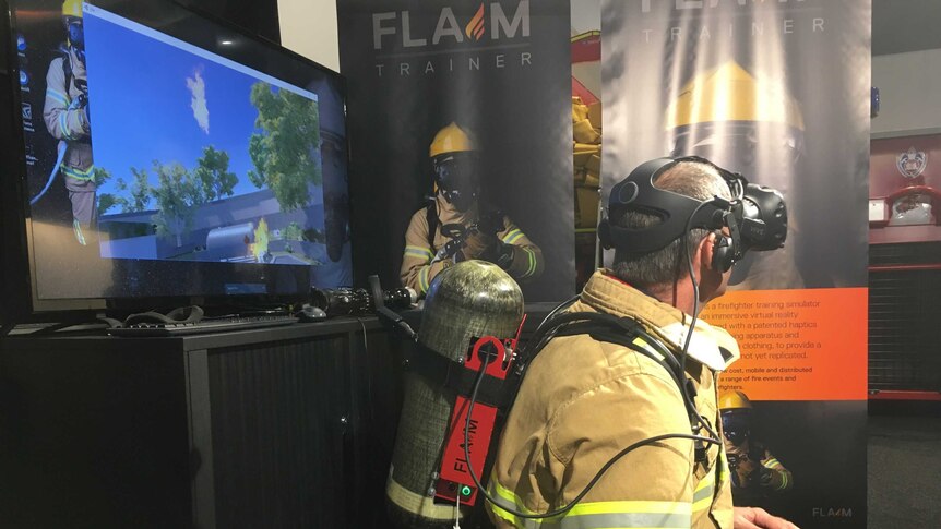 Firefighter tests virtual reality training system FLAIM in Sydney.