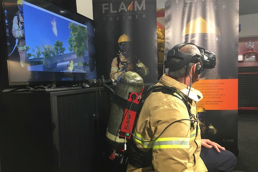 Firefighter tests virtual reality training system FLAIM in Sydney.