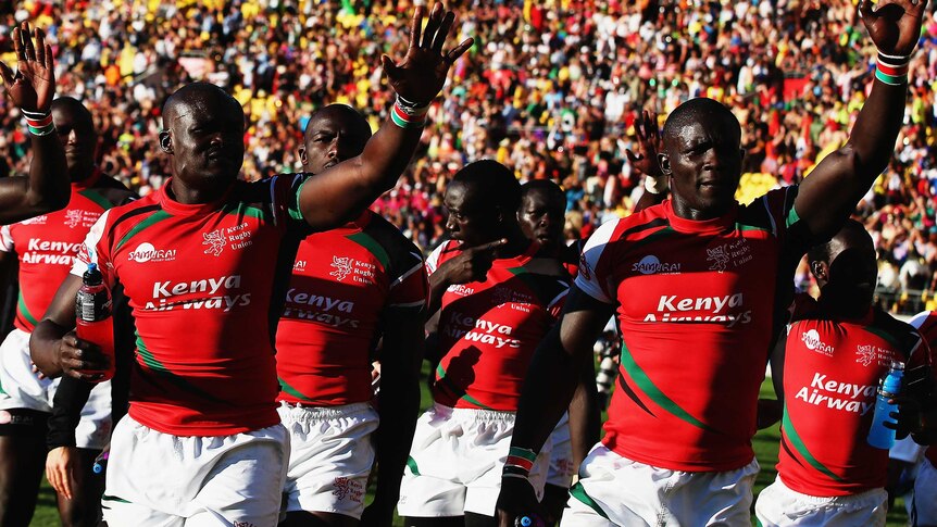Kenyan players celebrate after beating New Zealand in the Wellington Sevens semi-final.