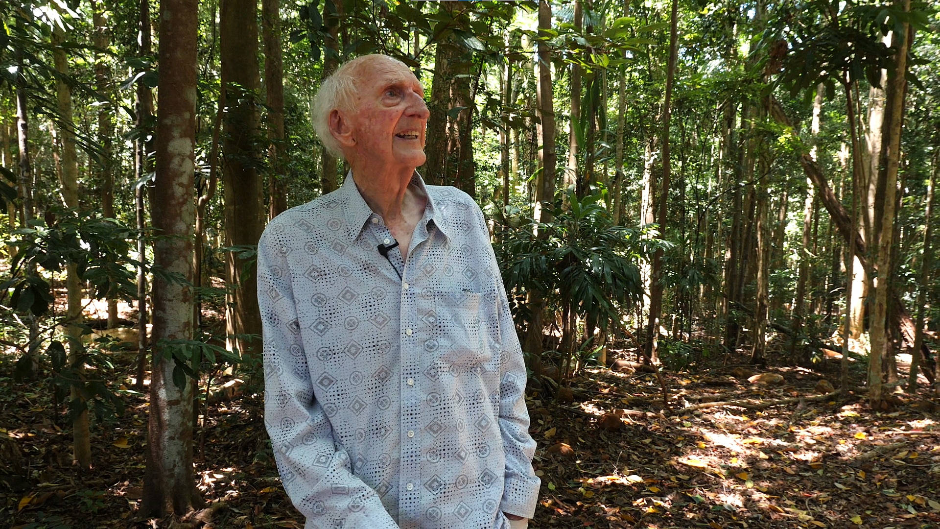 An elderly man with white fluffy hair stands in a shady clearing among tall rainforest trees, looking up.