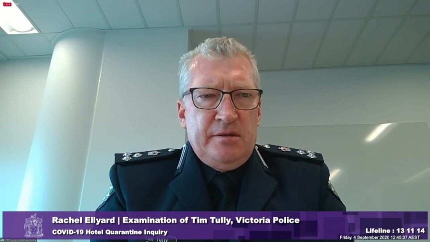 Victoria Police northwest metro region Commander Tim Tully appears via videolink at a hotel quarantine inquiry.