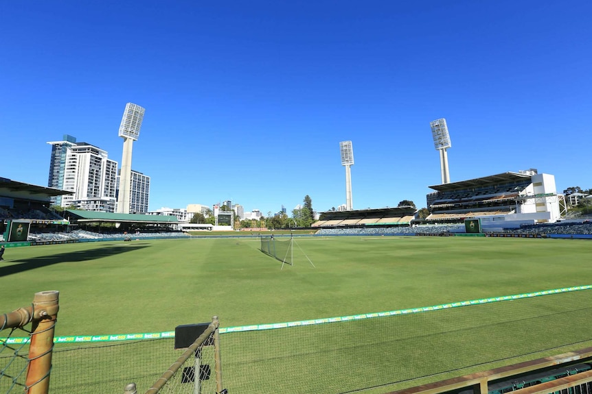 A wide shot of an empty WACA Ground playing surface and stands.