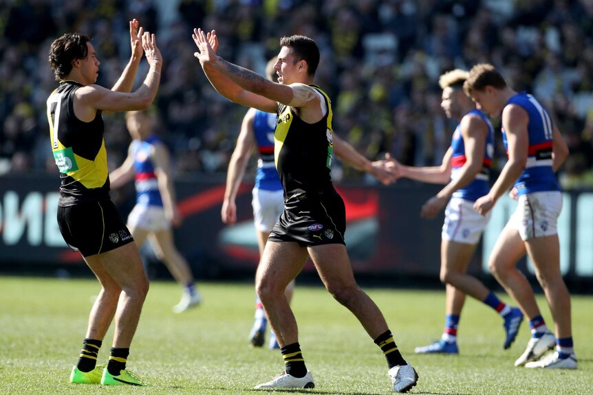 Jack Graham of the Tigers celebrates with Daniel Rioli in Richmond's win over Western Bulldogs.