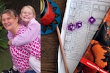 A composite image of a smiling mum and young daughter, and purple multifaceted die on a table with a book, pencil and paper.