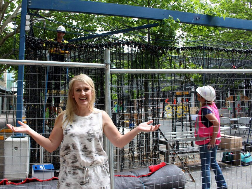 SIDS and Kids ACT CEO Lisa Ridgley at the tunnel being constructed for Christmas Lights in the City, November 2015.