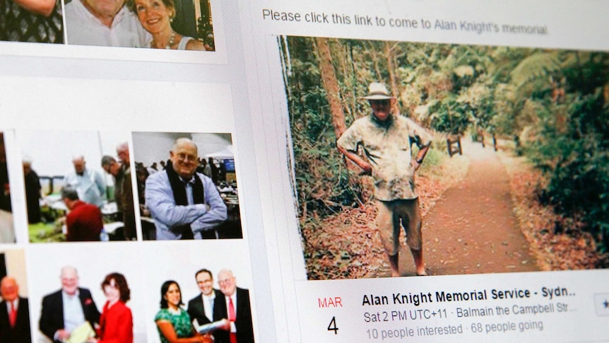 A screenshot of Alan Knight's Facebook page shows an invitation to a memorial.