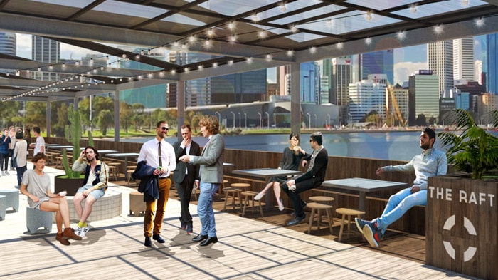 An artist's impression of The Raft, which is floating on the Swan River with small crowds relaxing on its deck.