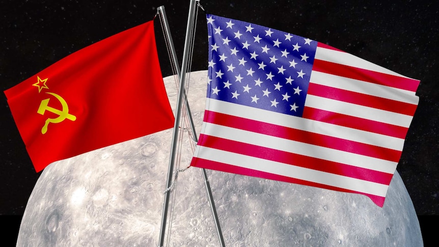 The Soviet Union and USA flag flying with the moon in the background.