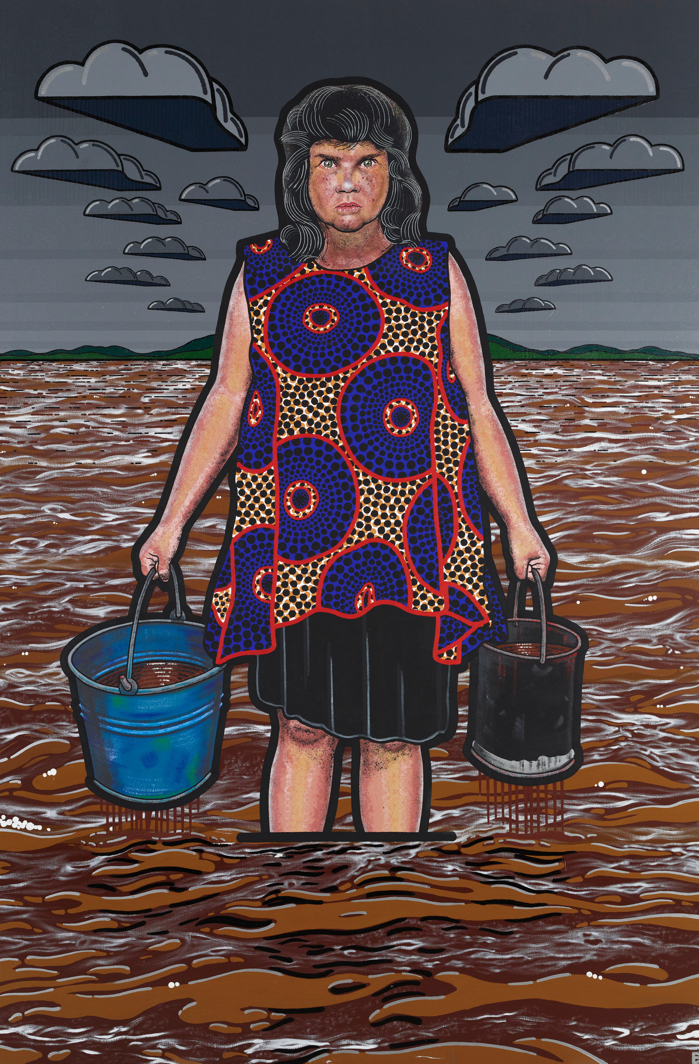 Portrait of an Indigenous woman wearing red and purple patterned dress, holding two buckets and standing in brown flood waters.