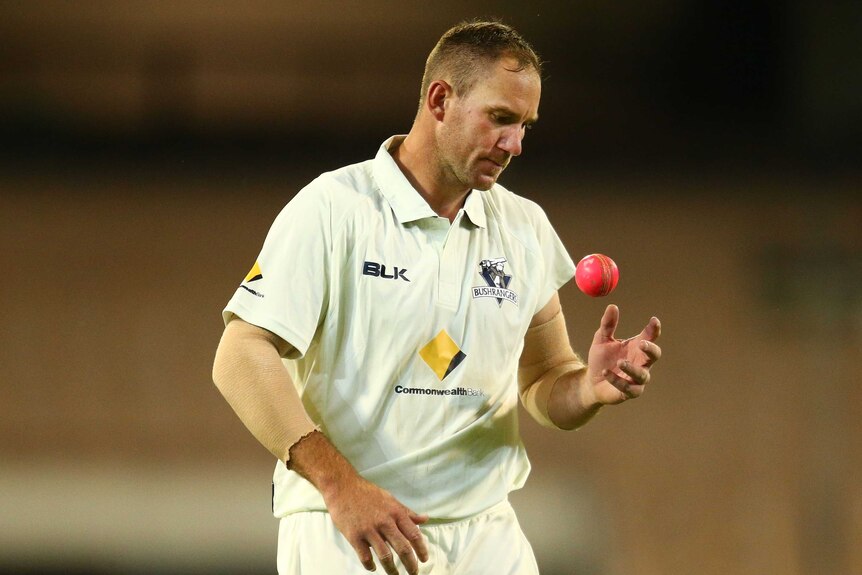 John Hastings with the pink ball in Victoria's day-night Sheffield Shield match