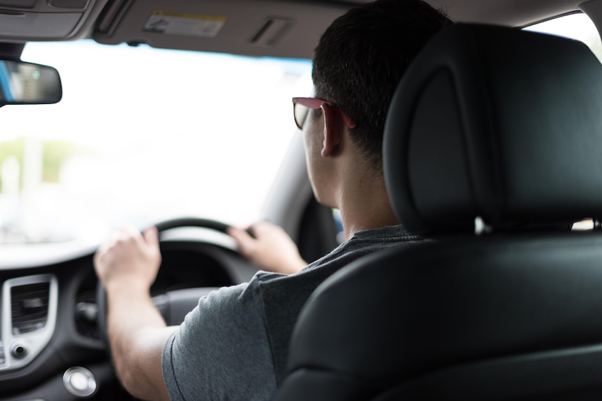 a man driving, seen from the back seat