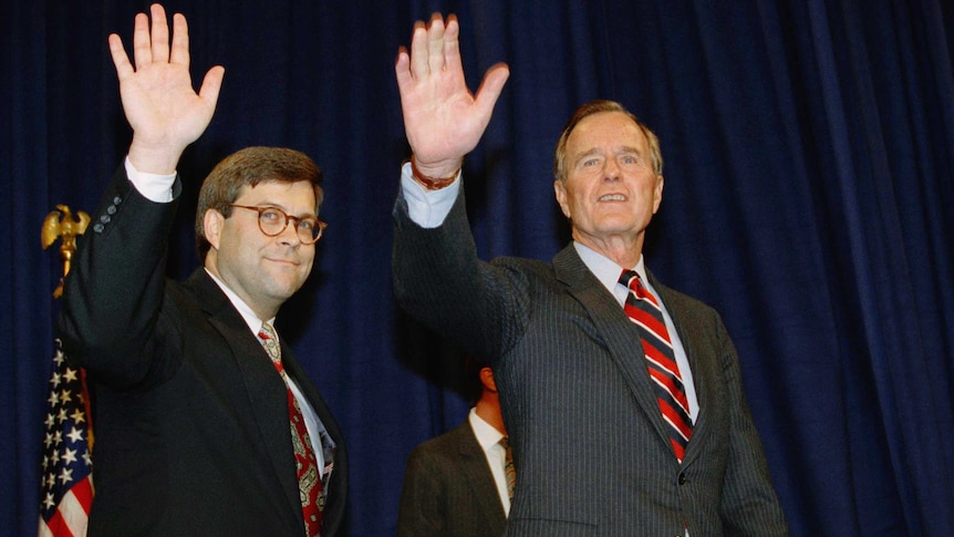President George H.W Bush and William Barr wave