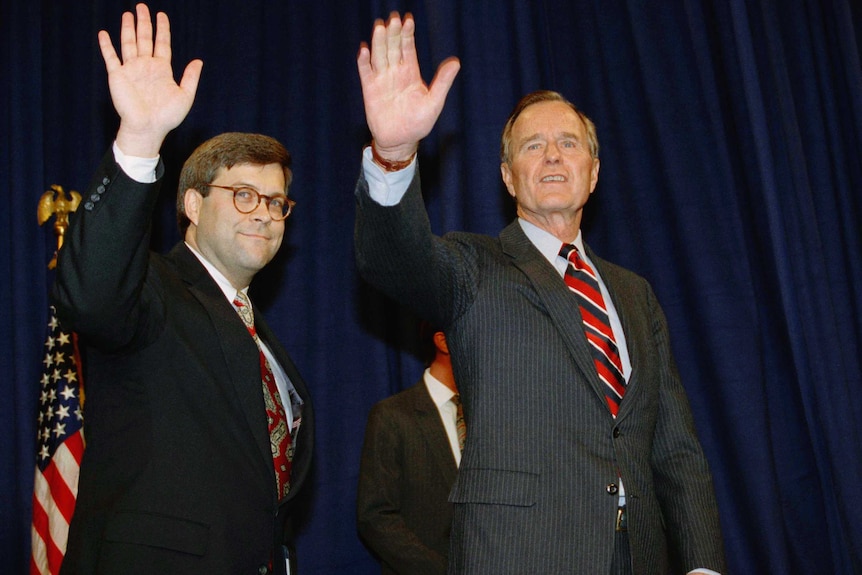 President George H.W Bush and William Barr wave