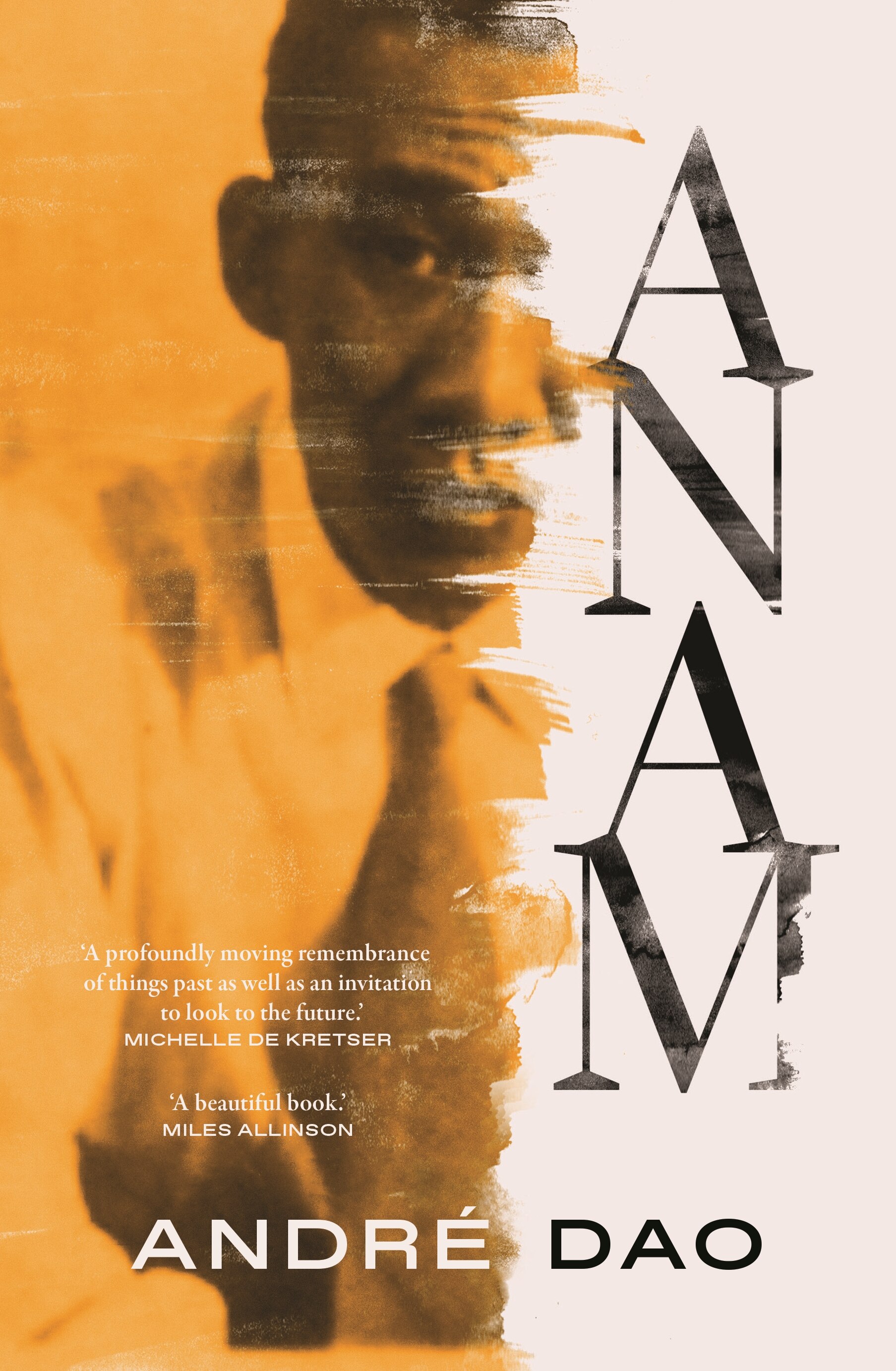 A book cover showing a black and white photo, overlaid with orange, of a man wearing a tie and shirt, plus the title 