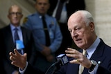 UN mediator for Syria Staffan de Mistura gestures during a news conference.