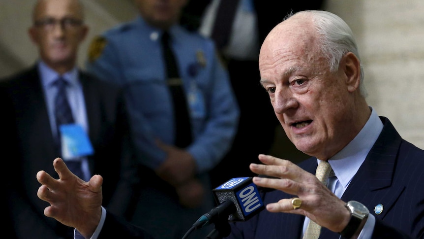 UN mediator for Syria Staffan de Mistura gestures during a news conference.