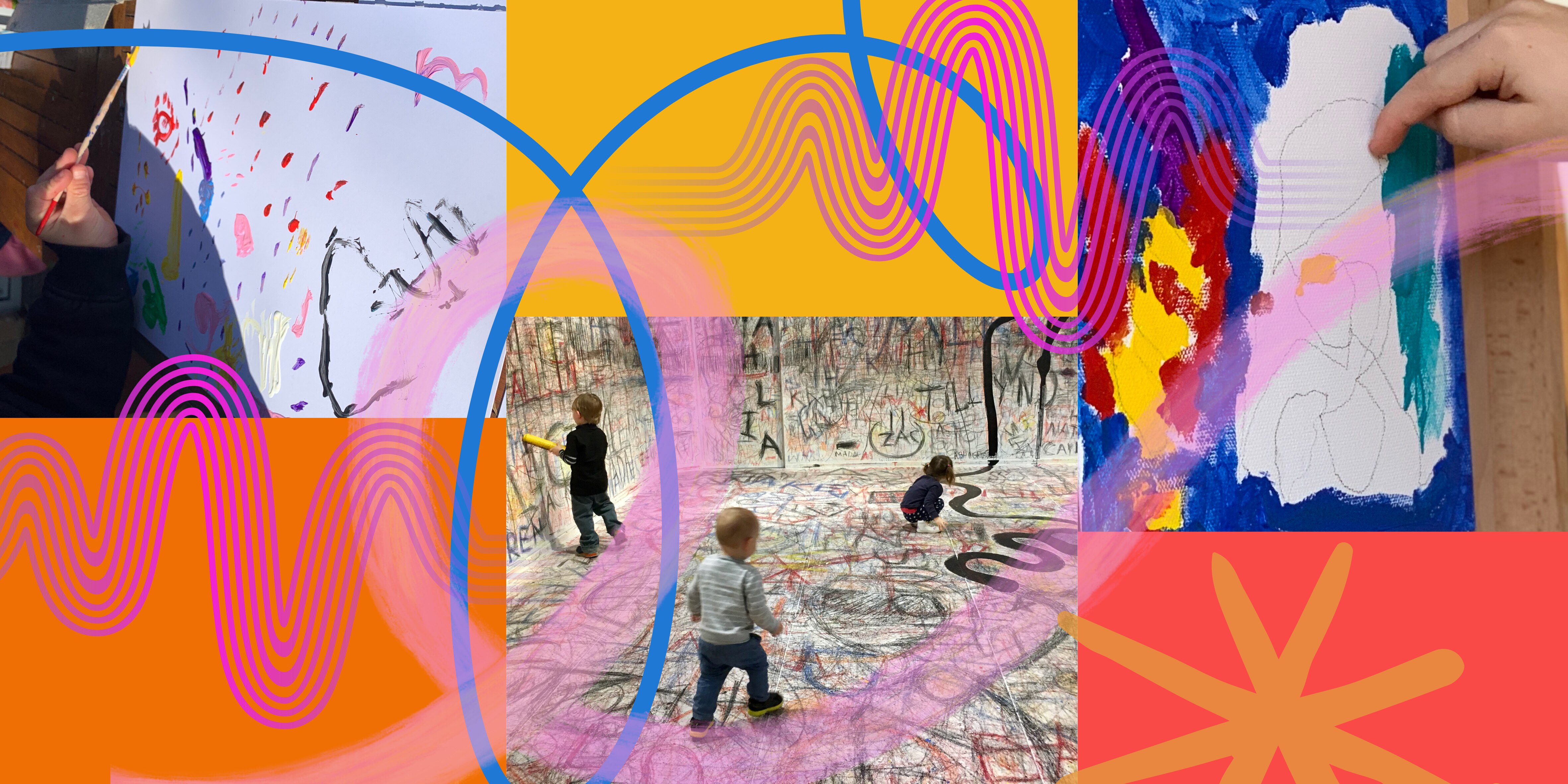 A vibrant image of including children making and exploring art. 