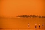 Swimmers standing on Jindabyne lake with a red smoky sky