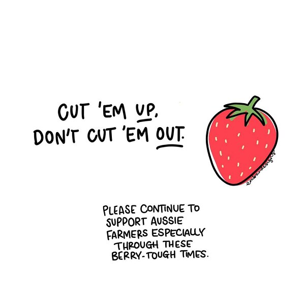 A cartoon image of a strawberry with the words, 'Cut 'em up, don't cut 'em out'.