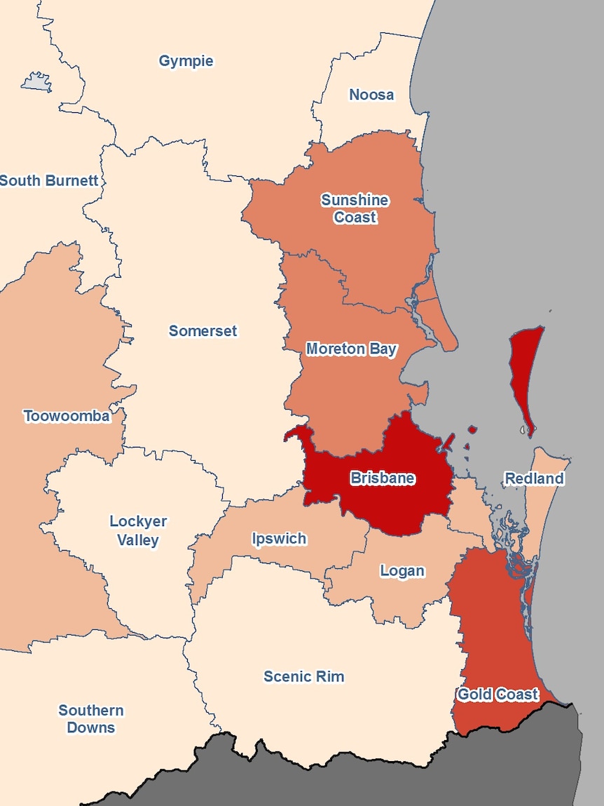 Map of Queensland regions impacted by coronavirus.