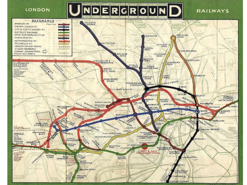 The geographically accurate Tube map in 1908 before its redesign inspired by electrical circuits that we know today (Wikimedia Commons)