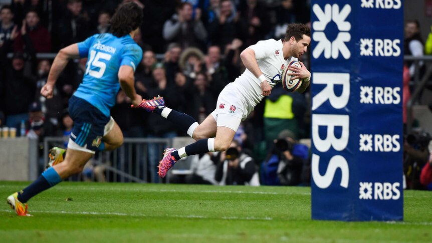 Danny Cipriani scores a try for England in the Six Nations match against Italy at Twickenham.