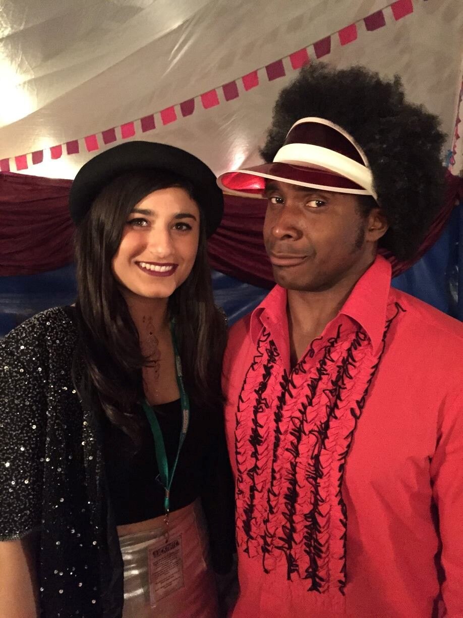 Musicians Rita Satch and Xantoné Blaq stand posing for photo backstage at Glastonbury