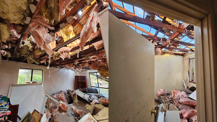 Two images of the inside of a home that has had its roof and ceiling badly damaged in a storm. Roof nowhere in sight.
