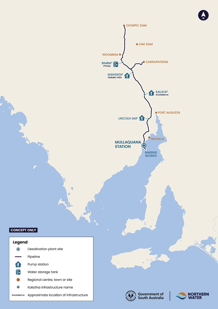 A map marking pipelines from Mullaquana Station from the Eyre Peninsula to Olympic Dam in the far north