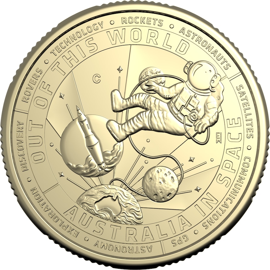 The face of 2024's public program coin, showcasing an astronaut, rocket ship and moon.