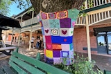 tree outside Royal Hotel in Daylesford covered by knitted squares