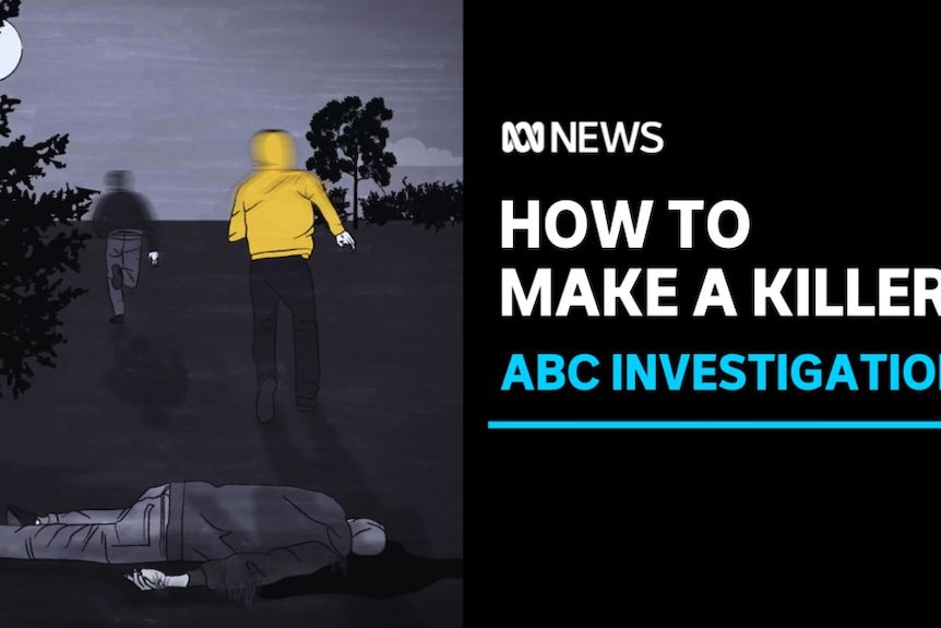 How to Make a Killer, ABC Investigation: A graphic drawing of a boy lying on the ground and two people running away in hoodies.