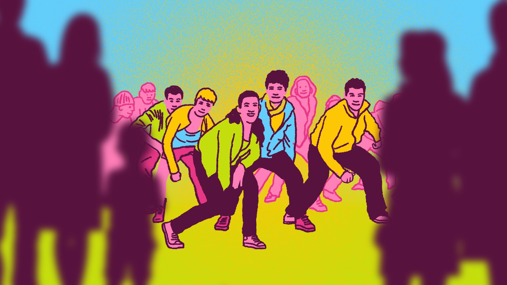 An illustration of a group of people performing a synchronised dance in front of an audience.