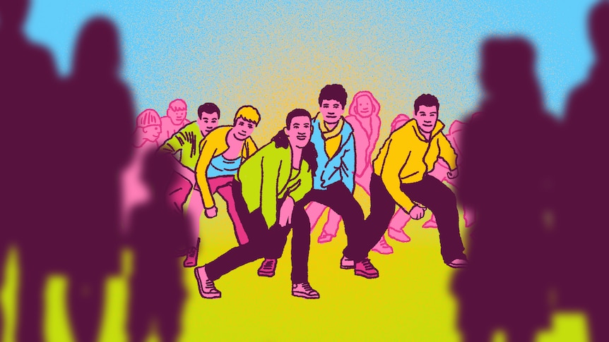 An illustration of a group of people performing a synchronised dance in front of an audience.