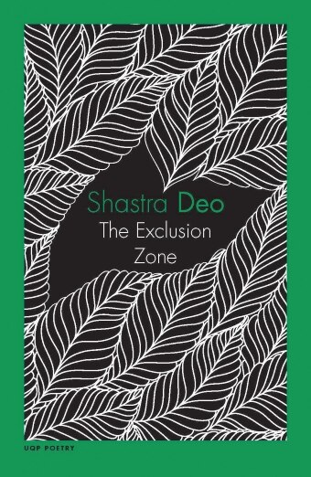 The book cover of The Exclusion Zone by Shastra Deo featuring a green border and black and white illustrated leaves