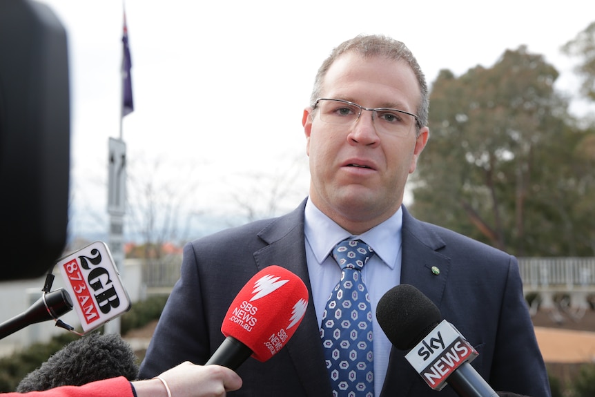 Ben Morton speaks at a press conference