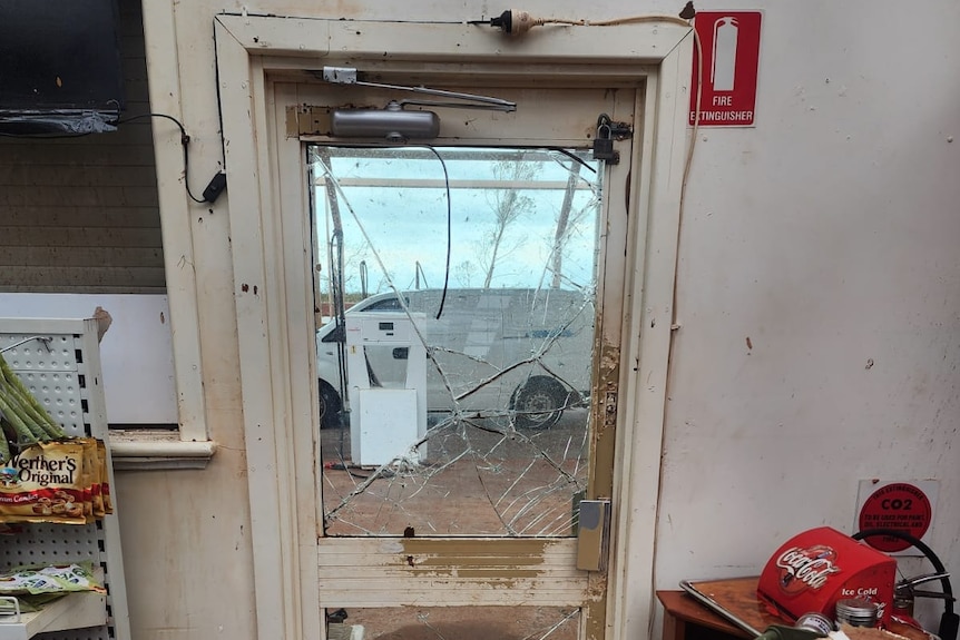 Glass window on door smashed at Pardoo Roadhouse. 
