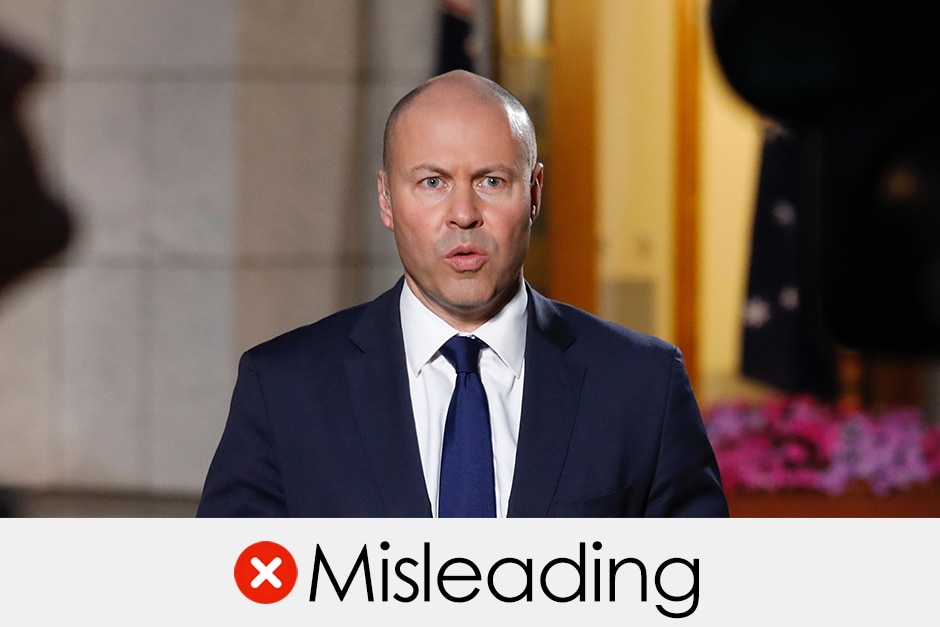 Josh Frydenberg is talking between the sillhouettes of two cameras. Verdict: MISLEADING with a red cross