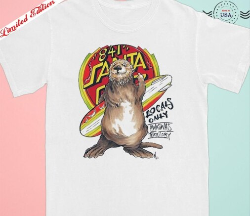 A t-shirt with a red and yellow design of an otter with a surfboard