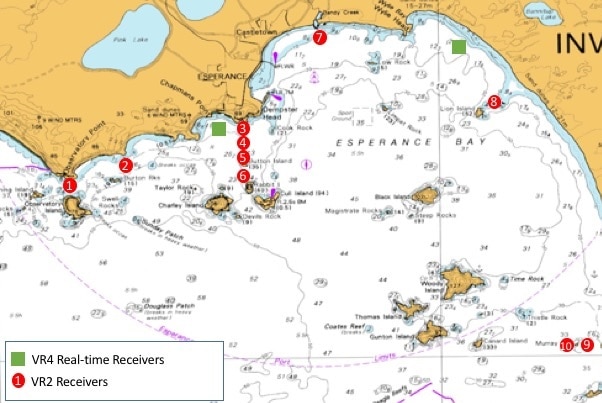 A map shows where the acoustic receivers will be dropped in the Esperance Bay