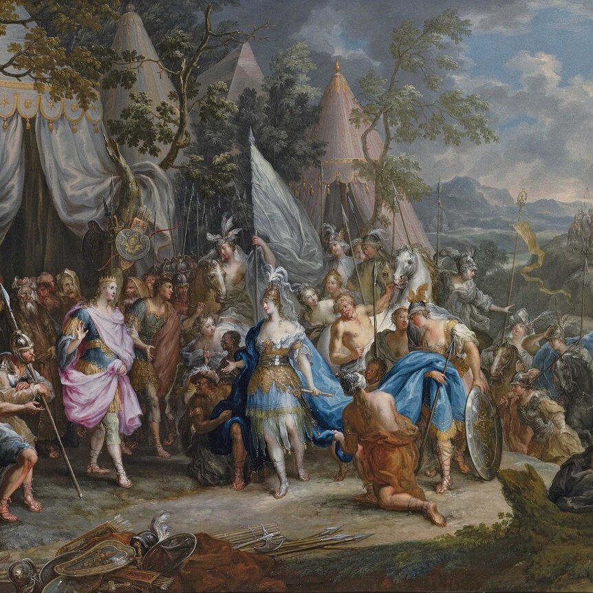 An 18th-century Rococo painting depicting Thalestris Queen of the Amazons in the military camp of Alexander the Great