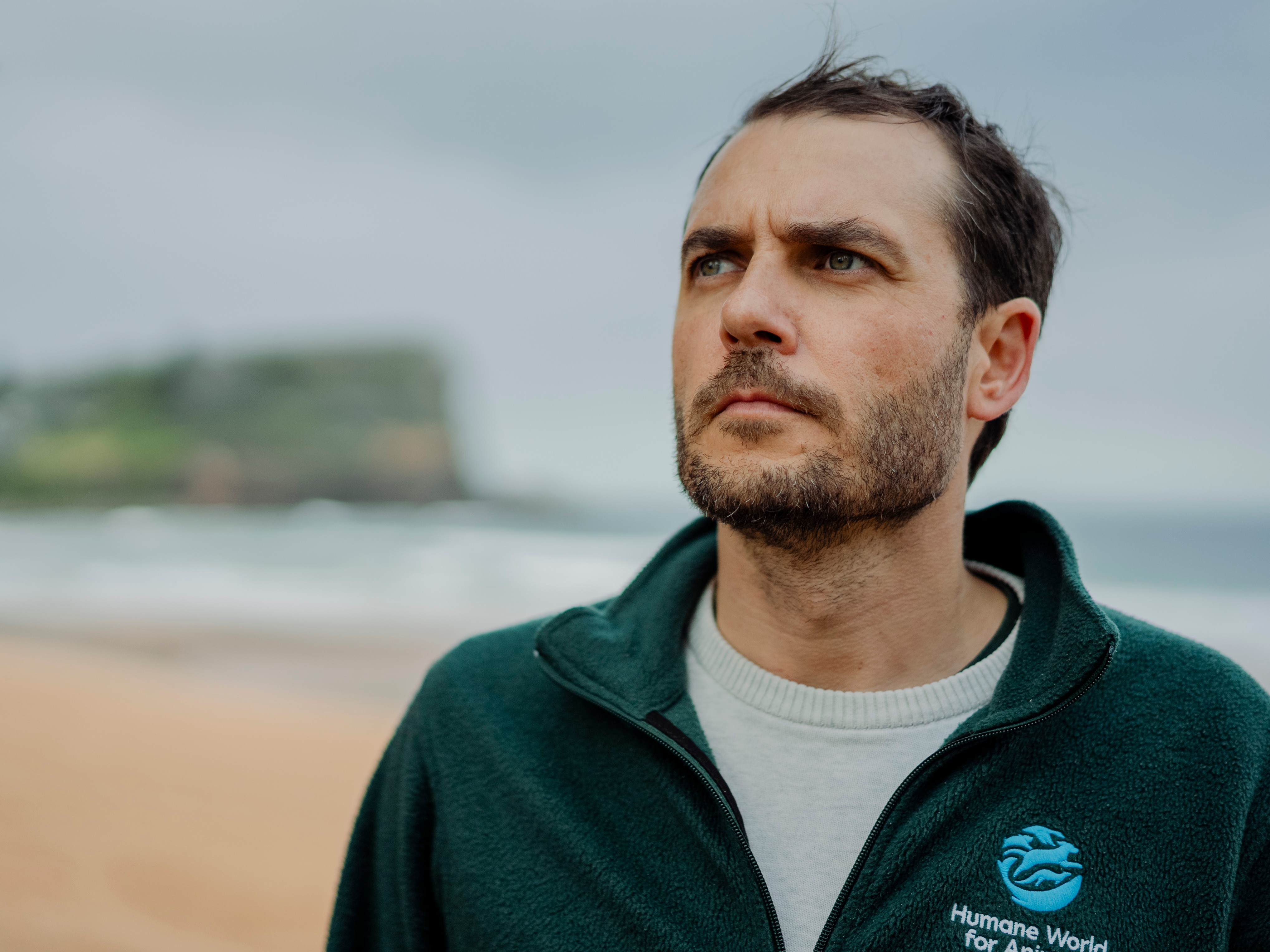 Lawrence Chlebeck from Marine for Humane World for Animals stands at a beach looking to the side