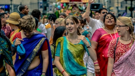 A Hare Krishna procession through the streets.
