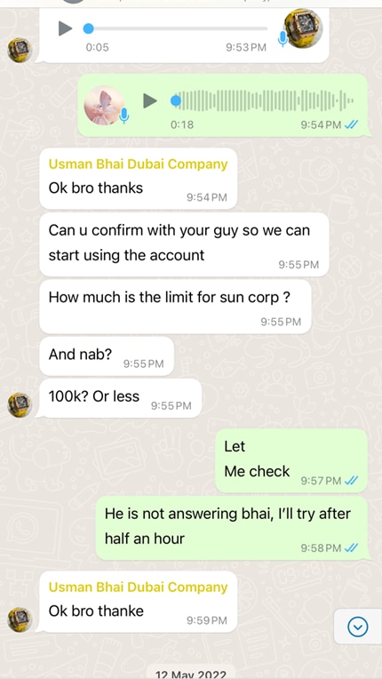 A screenshot of a WhatsApp conversation where Usman asking about the account limit for the NAB account.