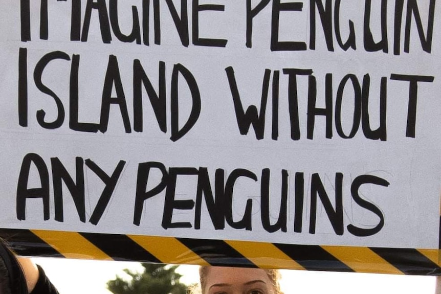 Protestor Eve Pattiselanno holds a sign that says "Imagine Penguin Island with no penguins."