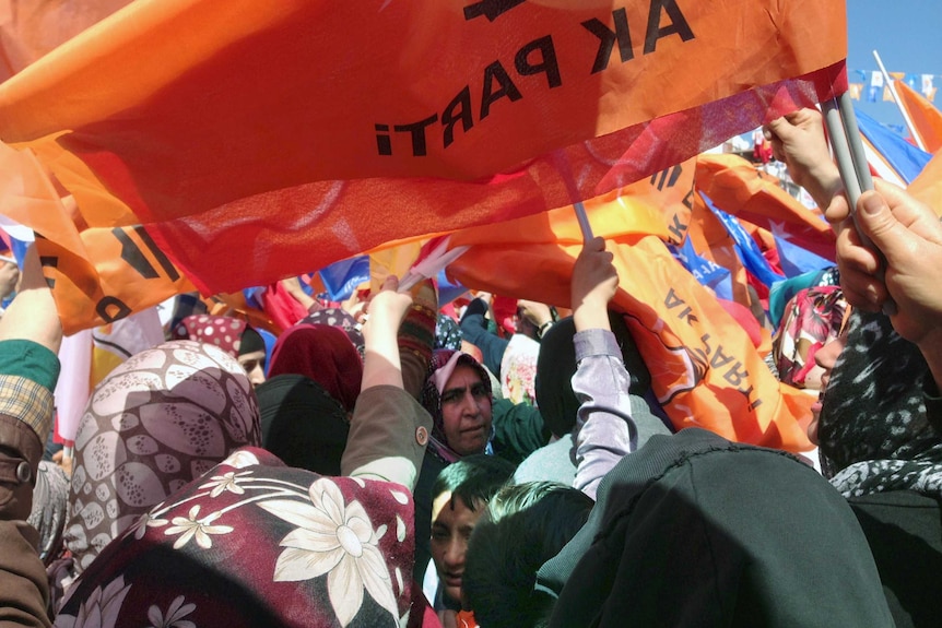 Supporters of Turkish ruling party AKP gather to hear a speech by President Recep Tayyip Erdogan in Antakya.
