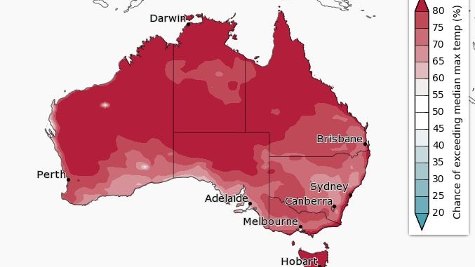 A map of Australia showing most of it dark red, indicating hotter than average temperatures.