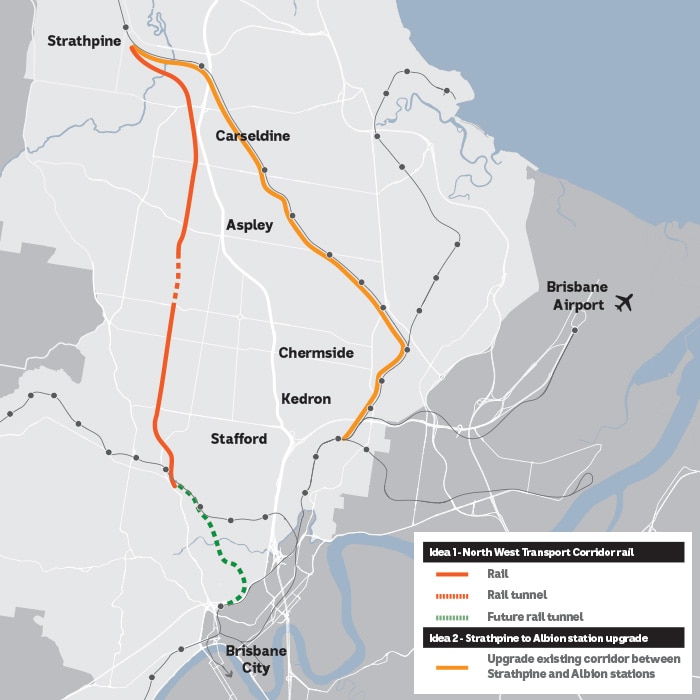 A map showing a proposed rail line through Brisbane's north west suburbs.
