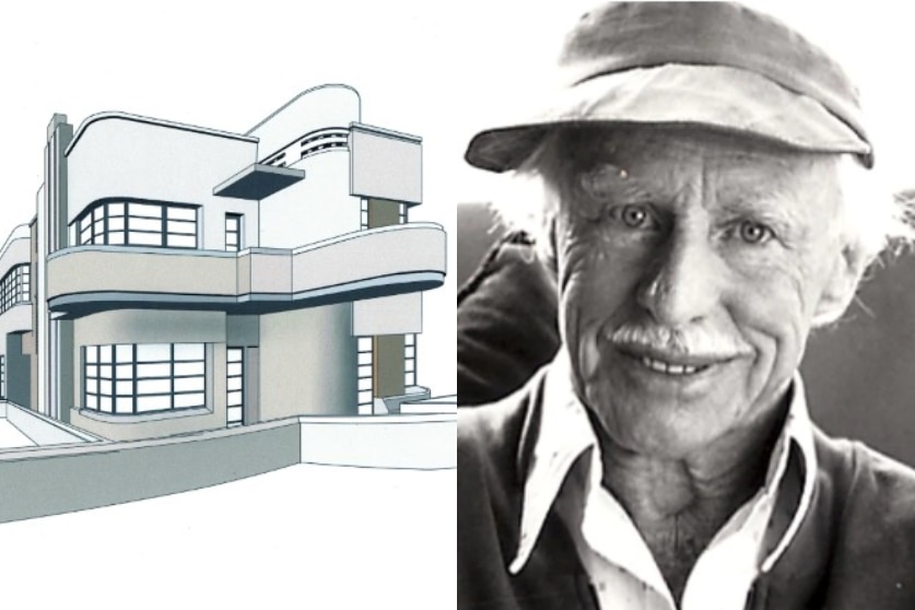 A line drawing of a block of flats with curved surfaces, and a black and white portrait of an older man.