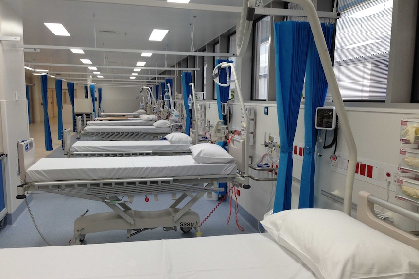 Hospital beds in a surgical ward.